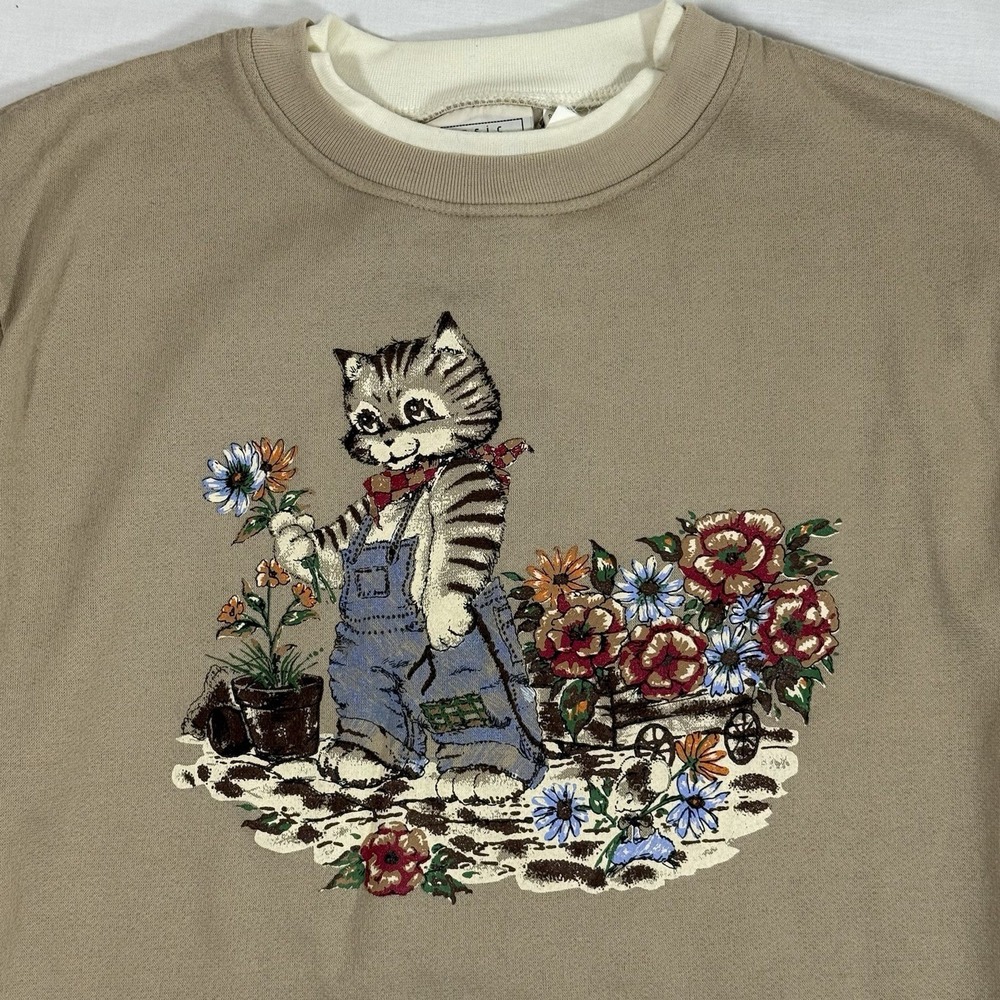 VNTG Tan Color Basic Editions‎ Cat Floral Pullover Sweater Women's Small